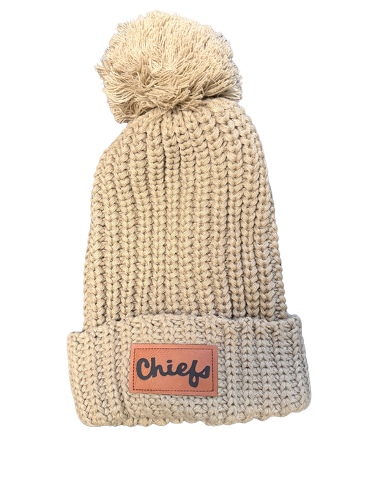 Richardson Chunk Cable Beanie with Cuff and Pom - Chiefs Leather Patch